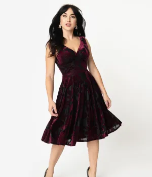 1950s Style Black & Wine Floral Devore Velvet Sleeveless Swing Dress