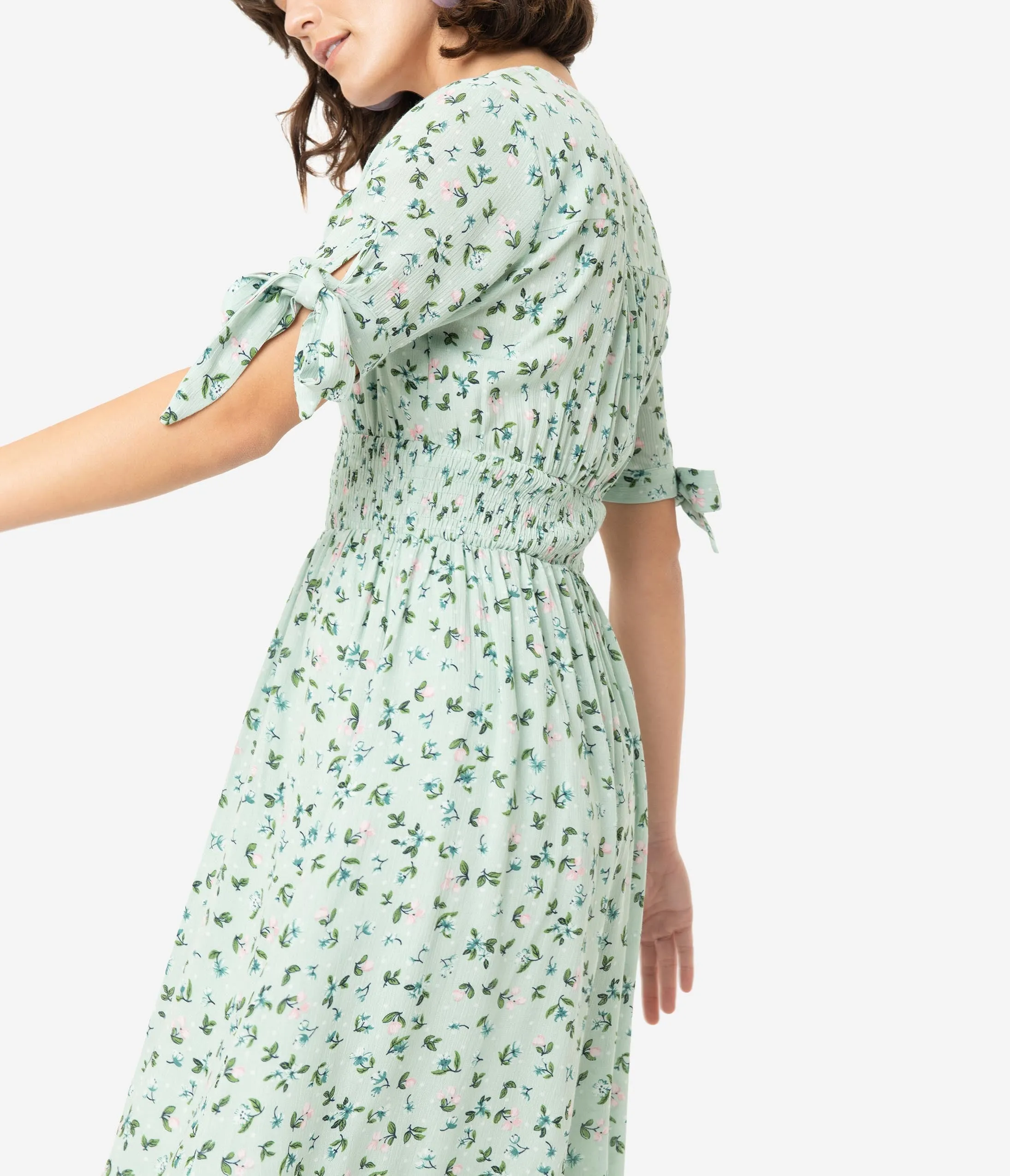 1970s Style Mint Floral Print Short Sleeve Midi Dress