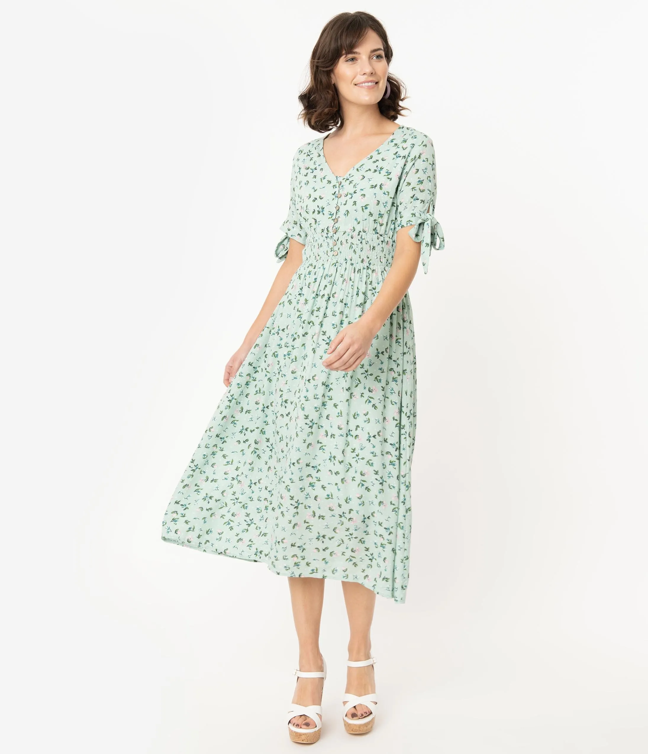 1970s Style Mint Floral Print Short Sleeve Midi Dress