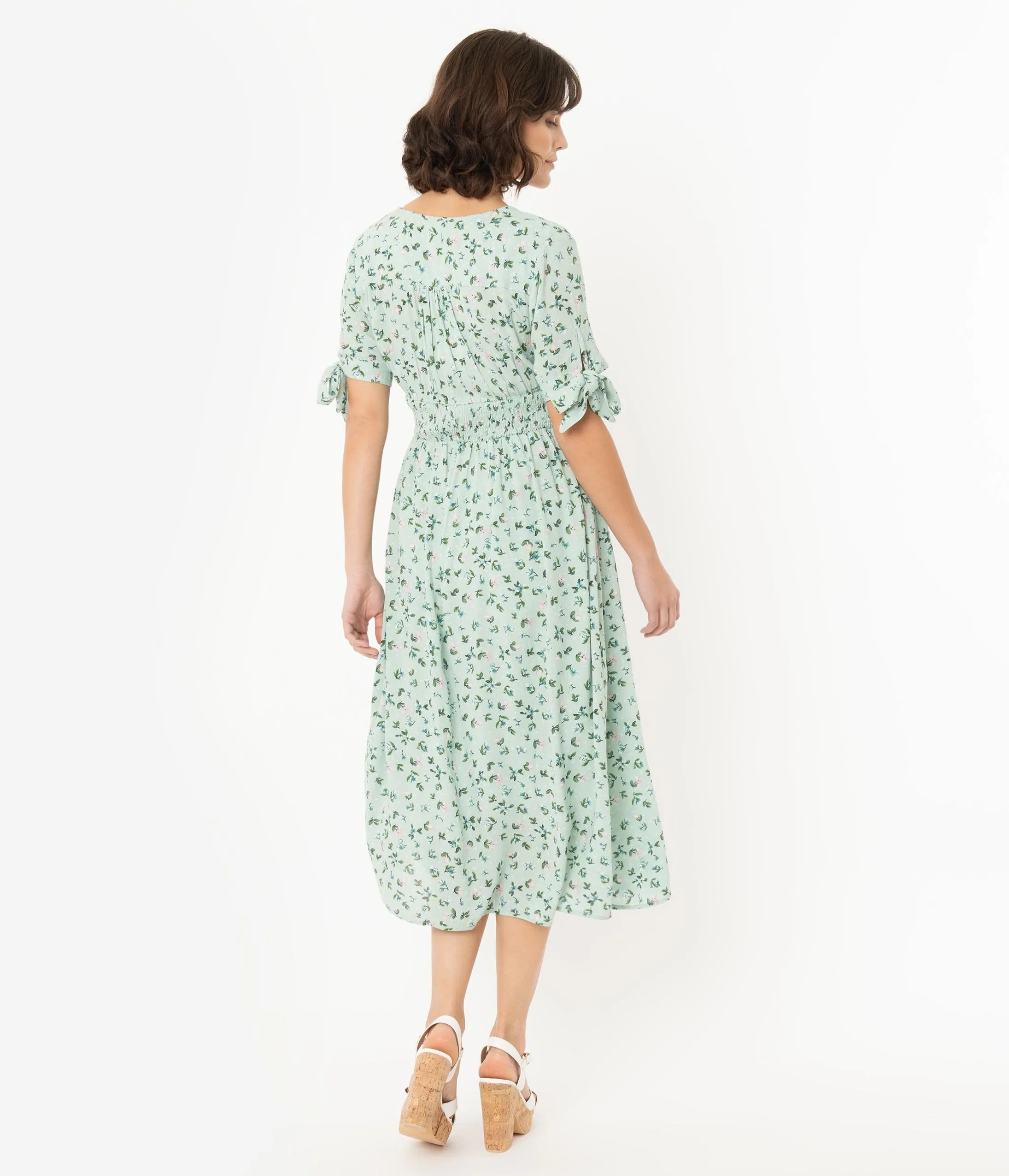 1970s Style Mint Floral Print Short Sleeve Midi Dress