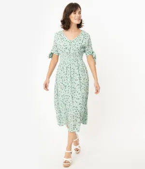 1970s Style Mint Floral Print Short Sleeve Midi Dress