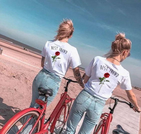 1pcs Women Fashion BEST FRIEND Tshirts Summer Rose Printed Graphic White Tees Summer Short Sleeve Wear Tumblr T Shirt