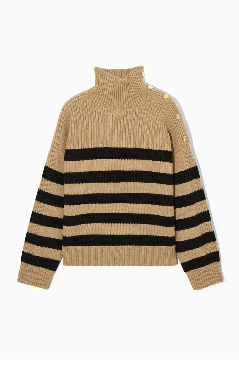 2024 Autumn New Style Standard One-shoulder Button-striped Casual Chic Sweater