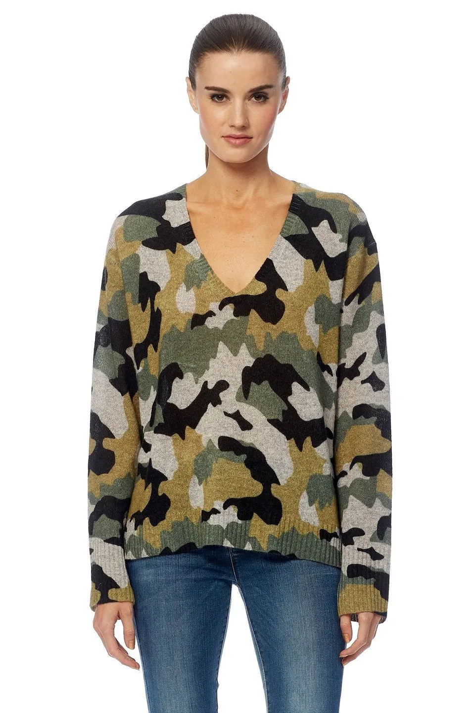 360 Cashmere - Kim Cashmere V-Neck Sweater in Light Heather Grey/Camo