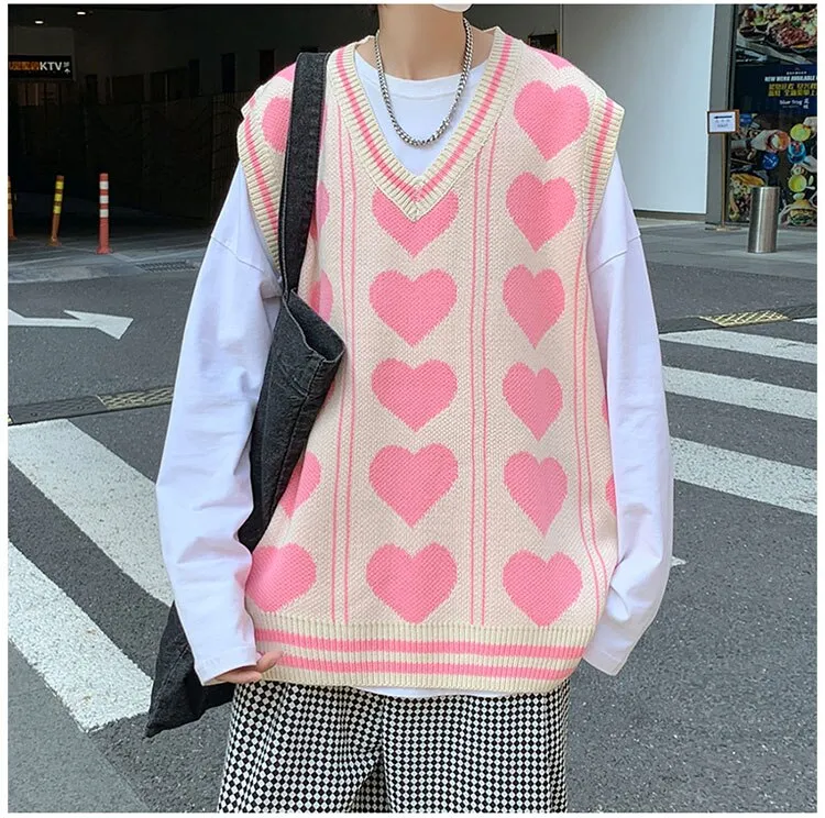 Aidase V-neck Sweater Vests Men Love Knitting Fashion Hipsters Hip-hop Streetwear Retro Jumpers Sleeveless Aesthetic Leisure Bf Couples