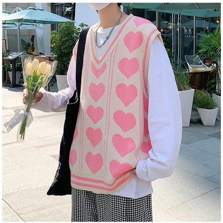 Aidase V-neck Sweater Vests Men Love Knitting Fashion Hipsters Hip-hop Streetwear Retro Jumpers Sleeveless Aesthetic Leisure Bf Couples