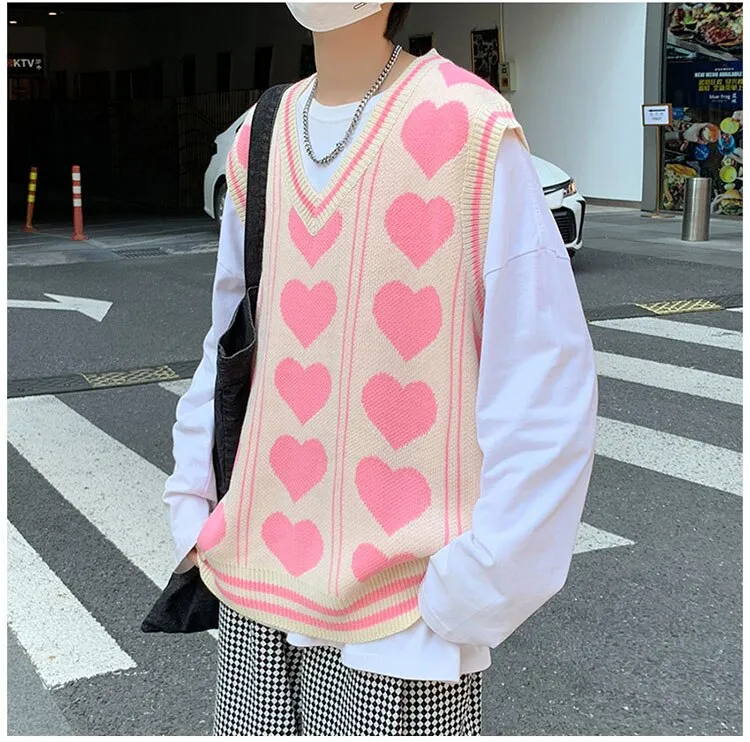 Aidase V-neck Sweater Vests Men Love Knitting Fashion Hipsters Hip-hop Streetwear Retro Jumpers Sleeveless Aesthetic Leisure Bf Couples