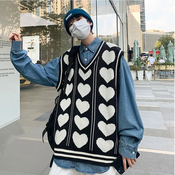 Aidase V-neck Sweater Vests Men Love Knitting Fashion Hipsters Hip-hop Streetwear Retro Jumpers Sleeveless Aesthetic Leisure Bf Couples