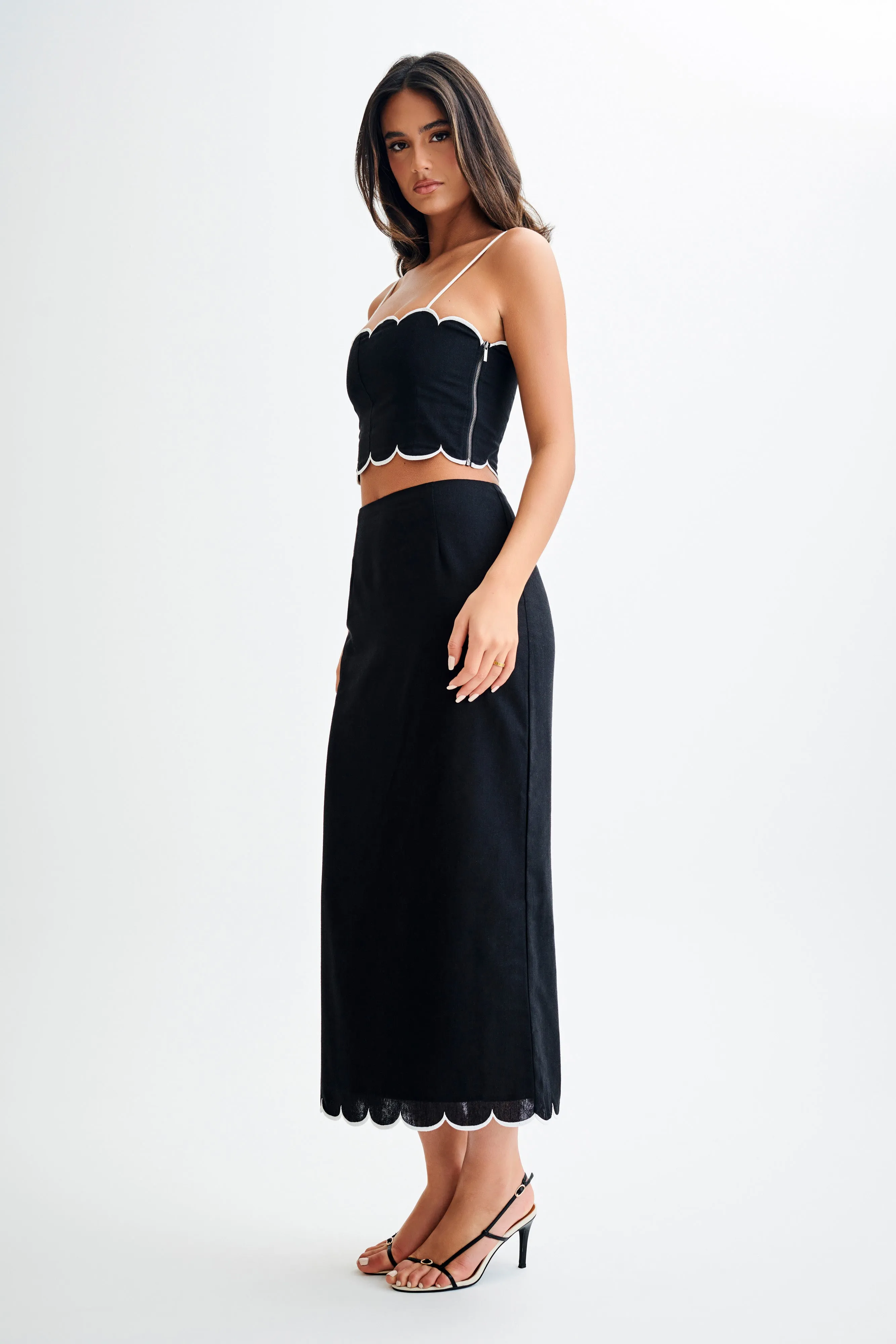 Alessio Scalloped Midi Skirt - Black