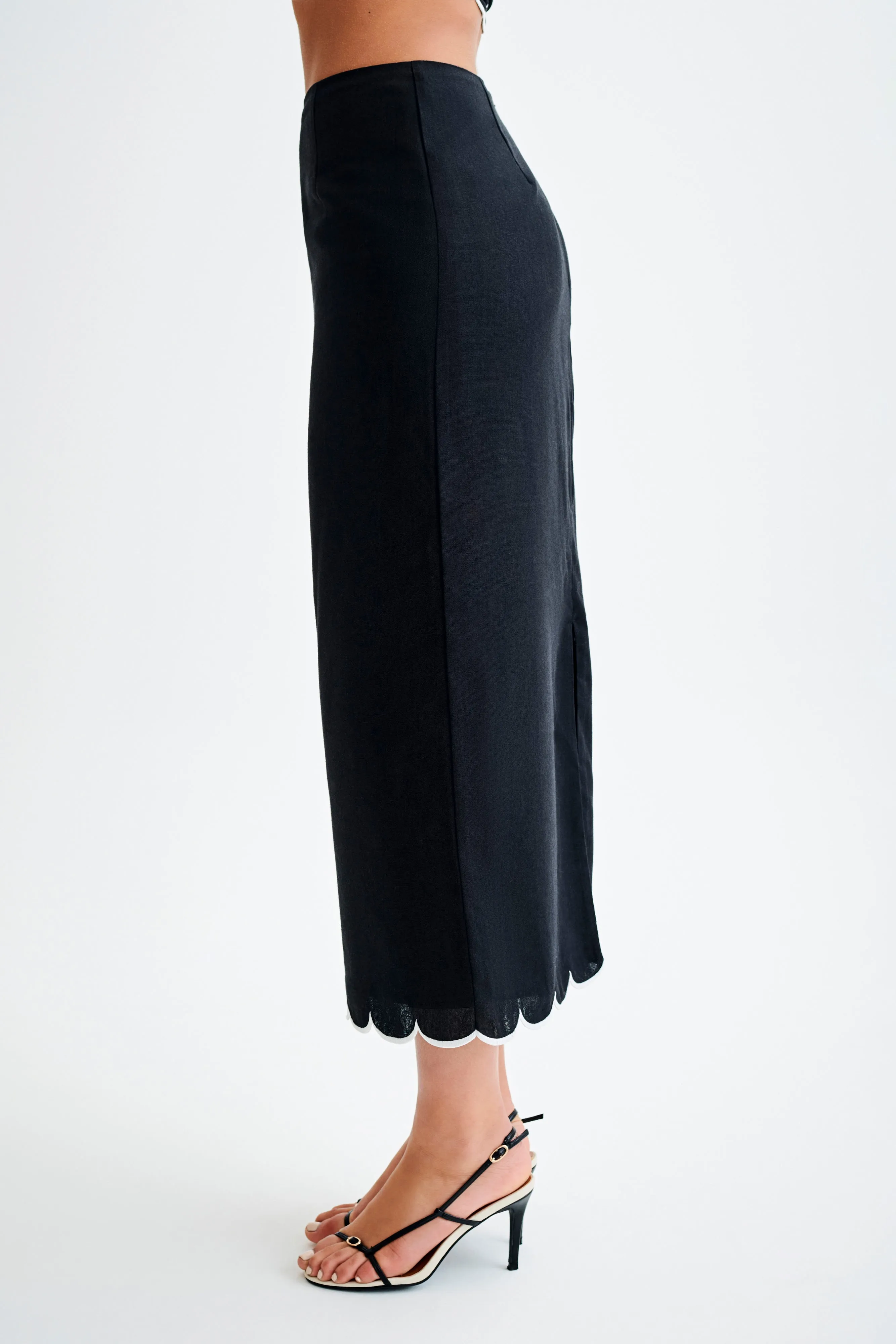 Alessio Scalloped Midi Skirt - Black