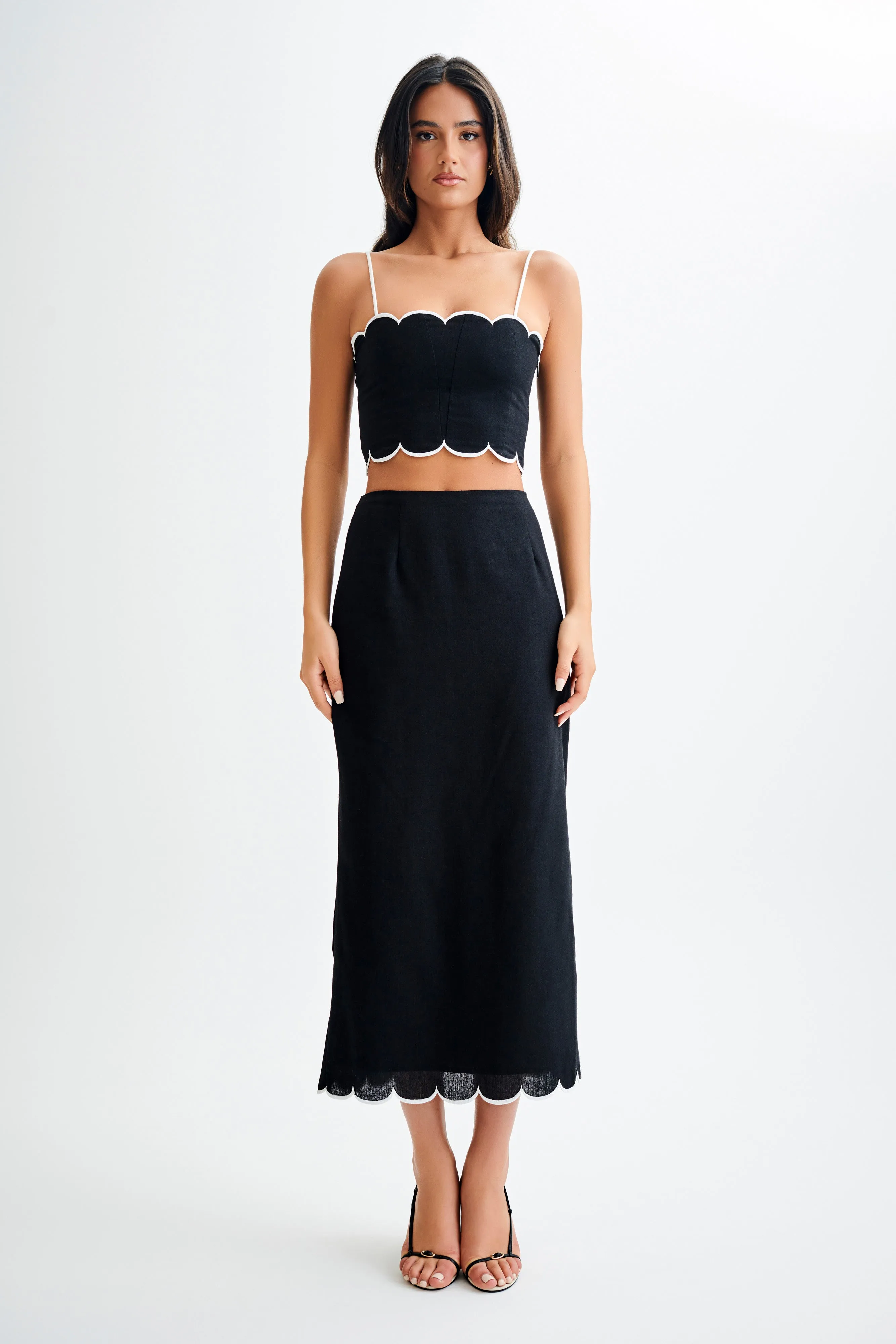 Alessio Scalloped Midi Skirt - Black