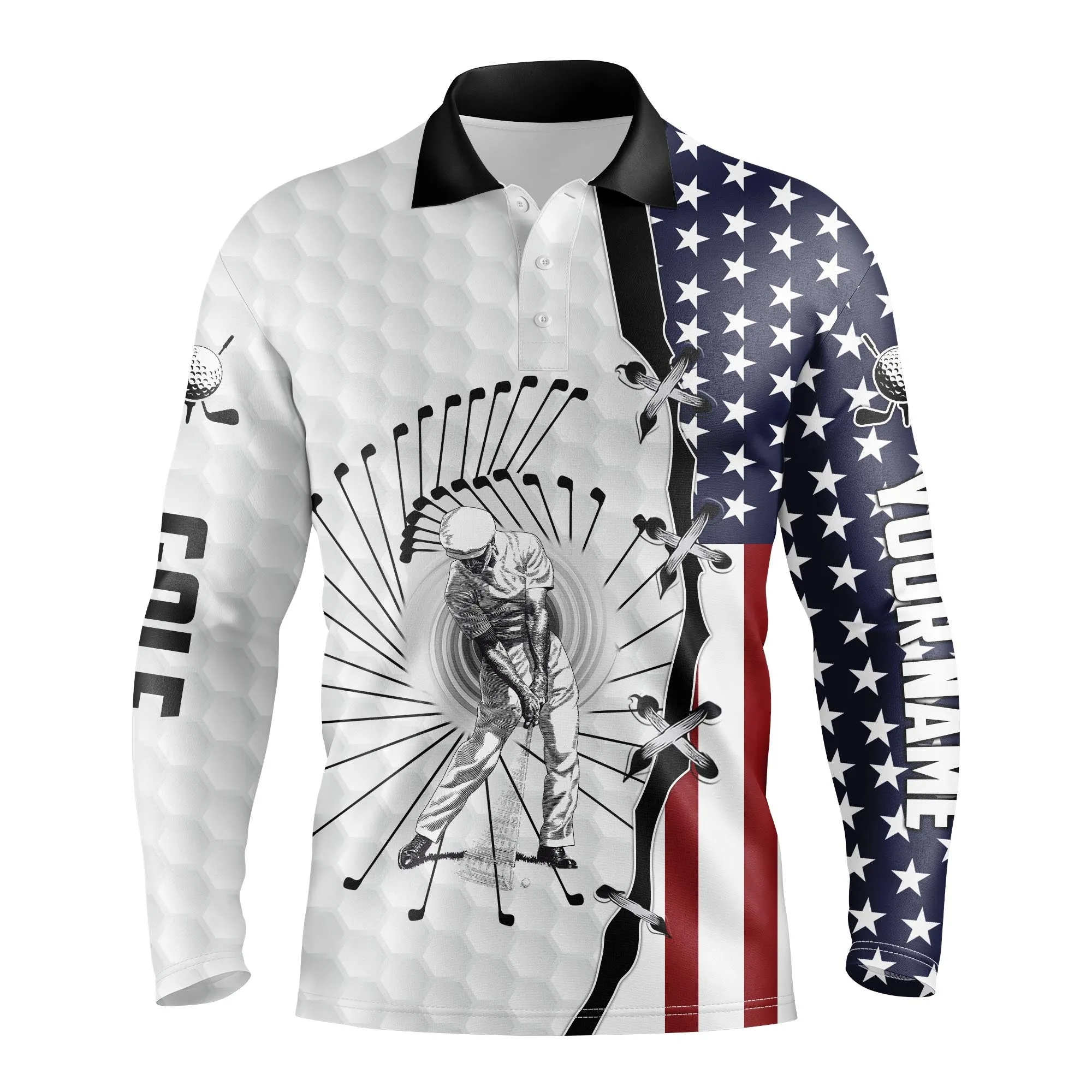 American Flag Men's Long Sleeve Golf Long Sleeve Polo Shirts, Custom Golf Polo Shirts For Men