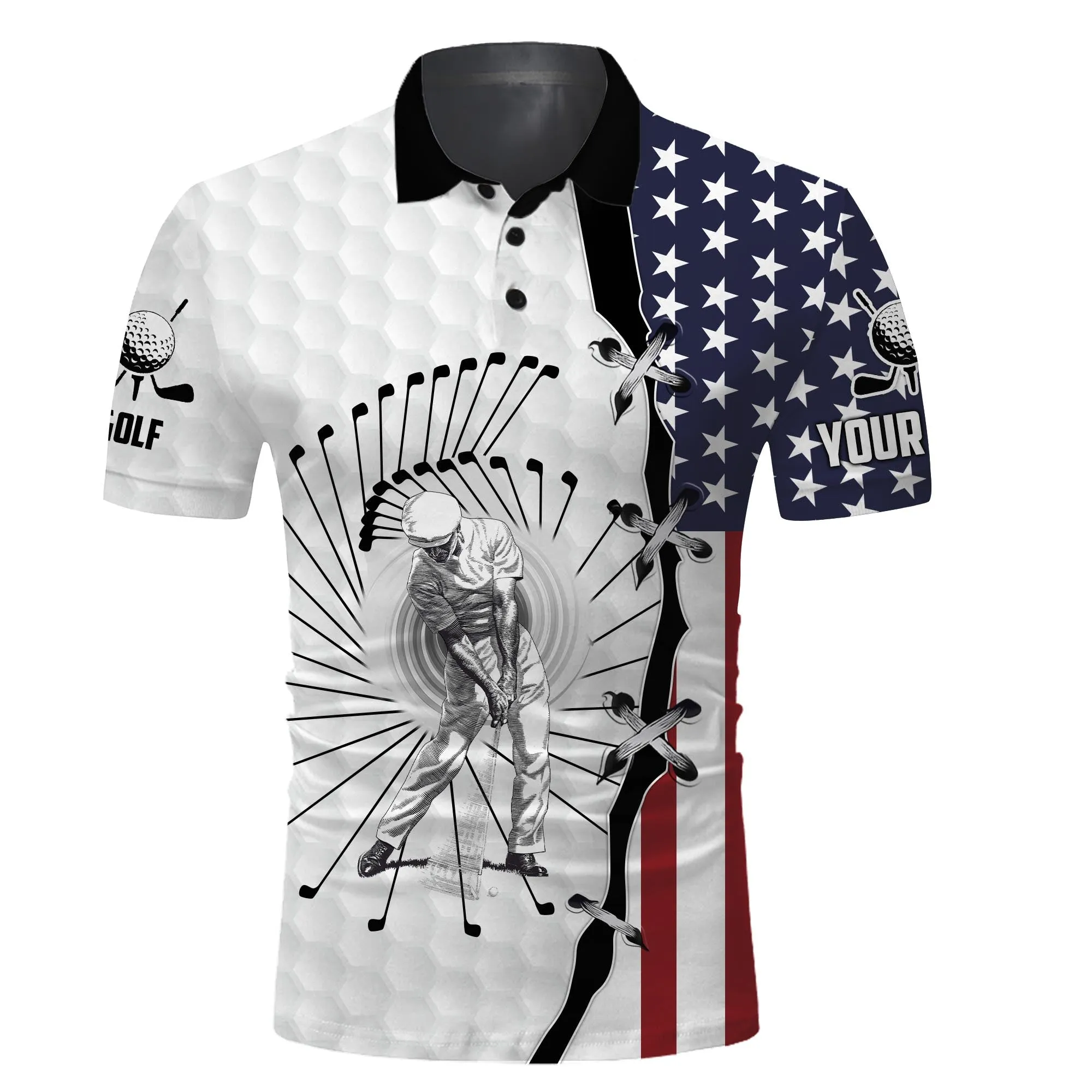 American Flag Men's Long Sleeve Golf Long Sleeve Polo Shirts, Custom Golf Polo Shirts For Men