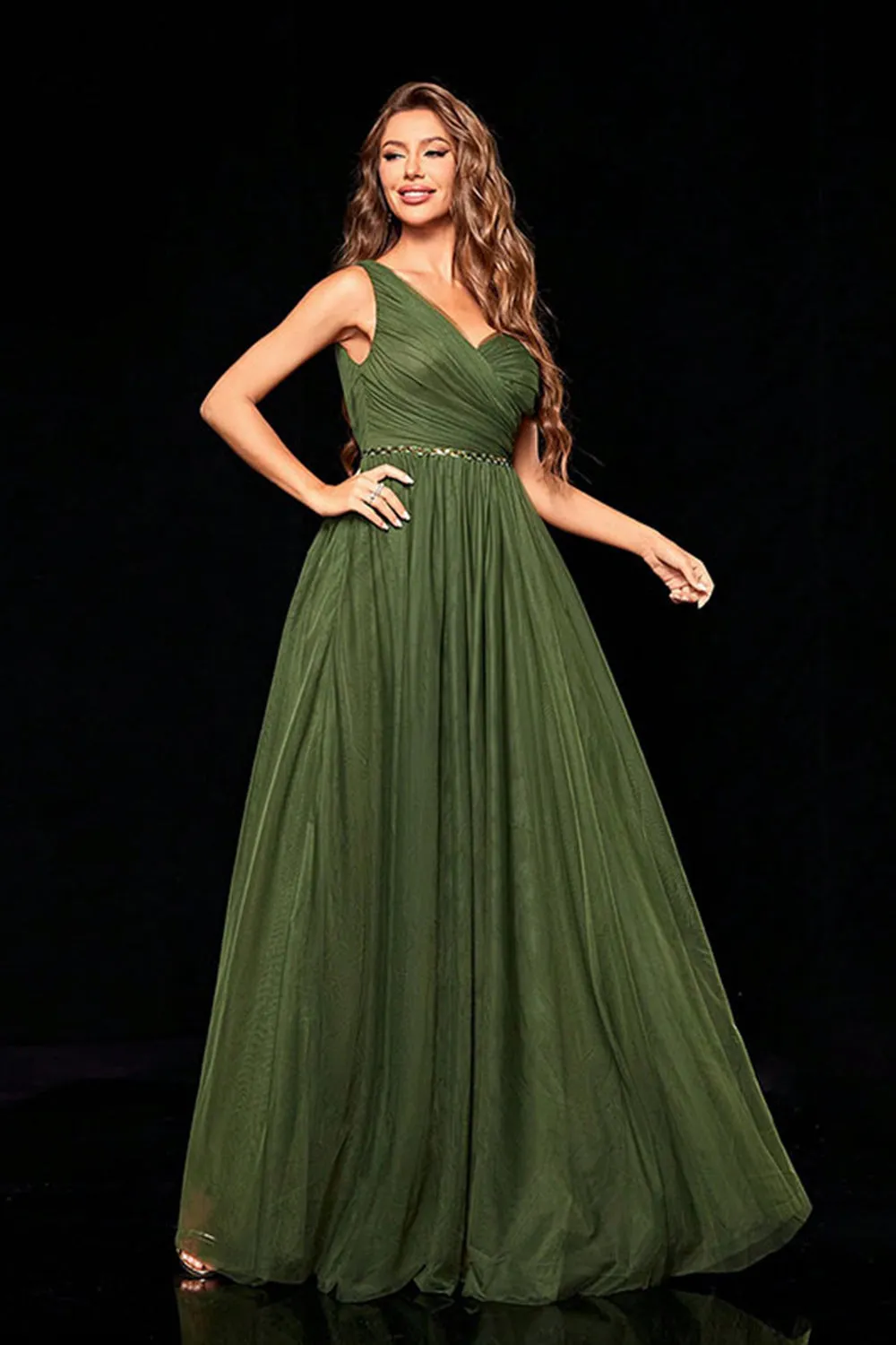 Army Green One Shoulder A Line Pleated Maxi Dress