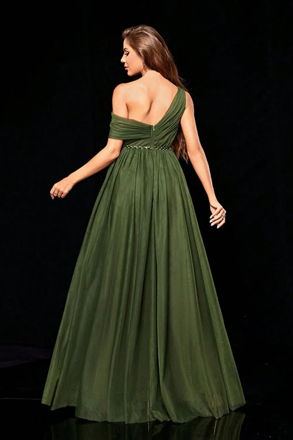 Army Green One Shoulder A Line Pleated Maxi Dress