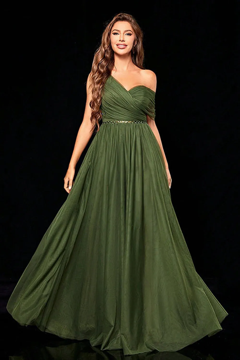 Army Green One Shoulder A Line Pleated Maxi Dress