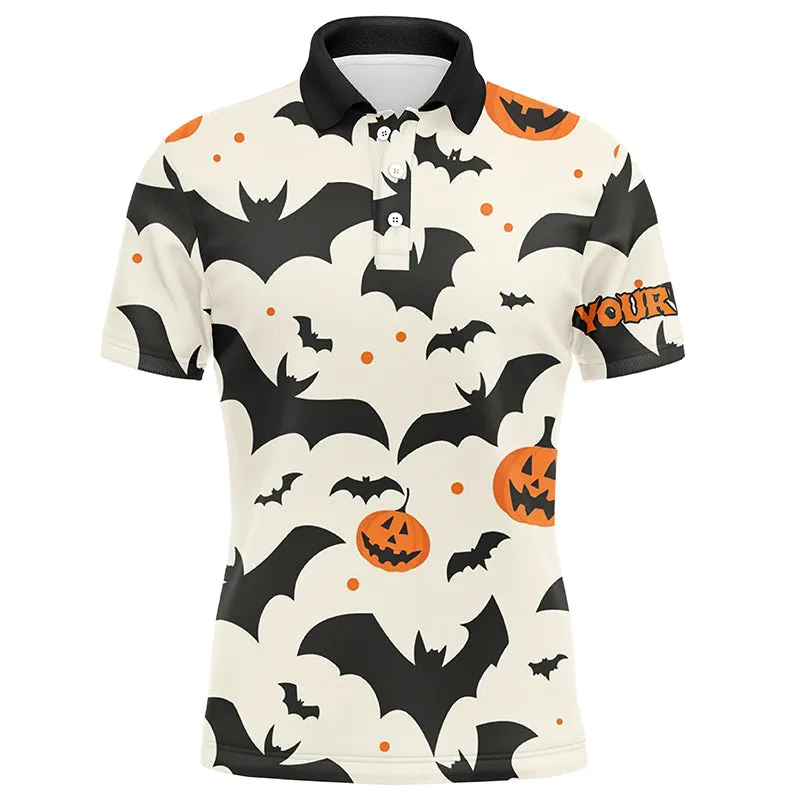 Bats And Pumpkin Halloween Pattern Men Golf Polo Shirts Custom Halloween Golf Shirts For Men