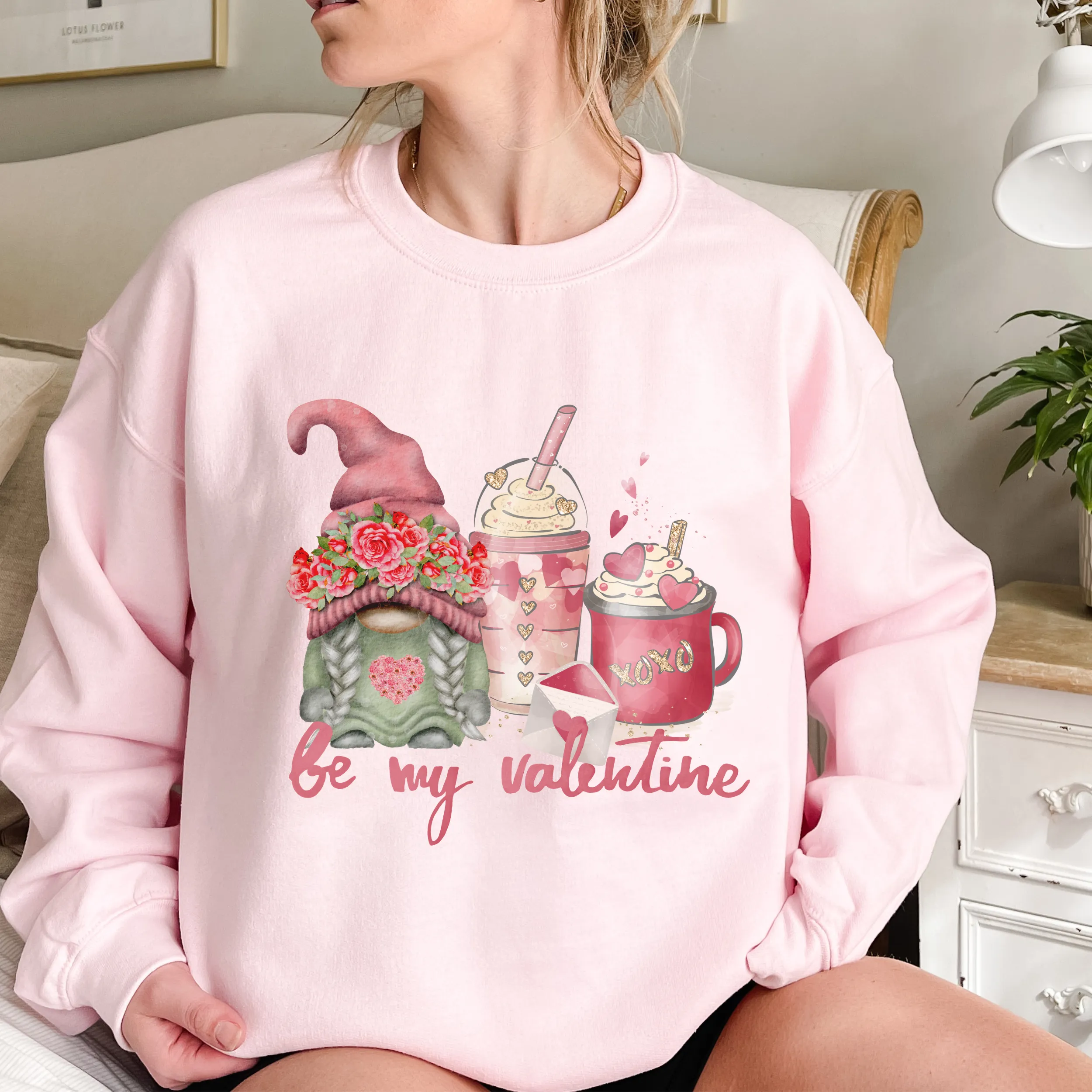 Be My Valentine Gnome and Coffee Valentine's Day T-Shirt in White or Pink T-Shirt or Crewneck Sweatshirt Valentine's Gift