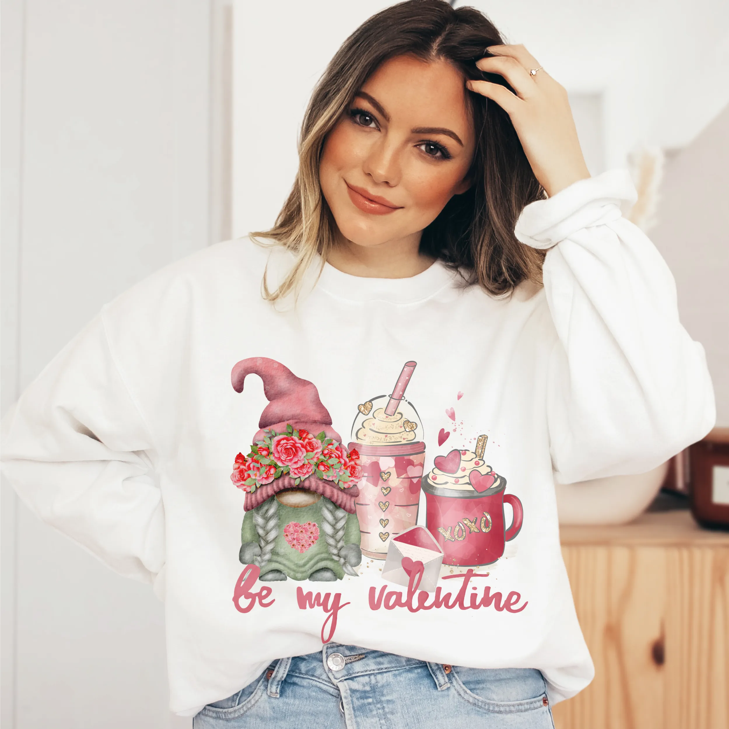 Be My Valentine Gnome and Coffee Valentine's Day T-Shirt in White or Pink T-Shirt or Crewneck Sweatshirt Valentine's Gift