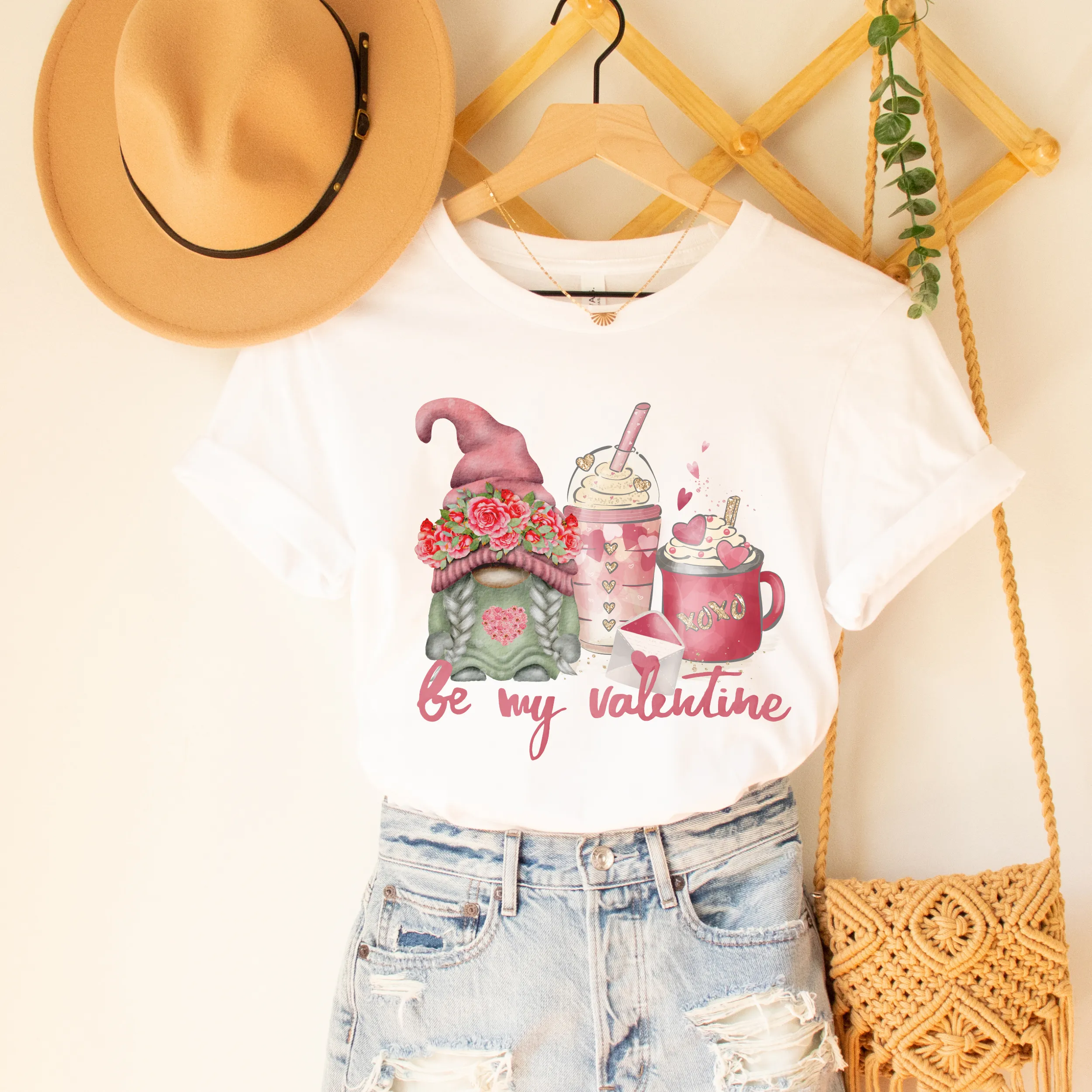 Be My Valentine Gnome and Coffee Valentine's Day T-Shirt in White or Pink T-Shirt or Crewneck Sweatshirt Valentine's Gift