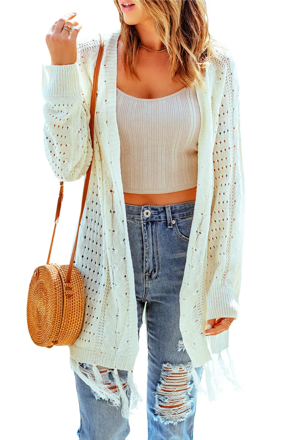 Beige Fringed Knit Cardigan with Cut Out Detail