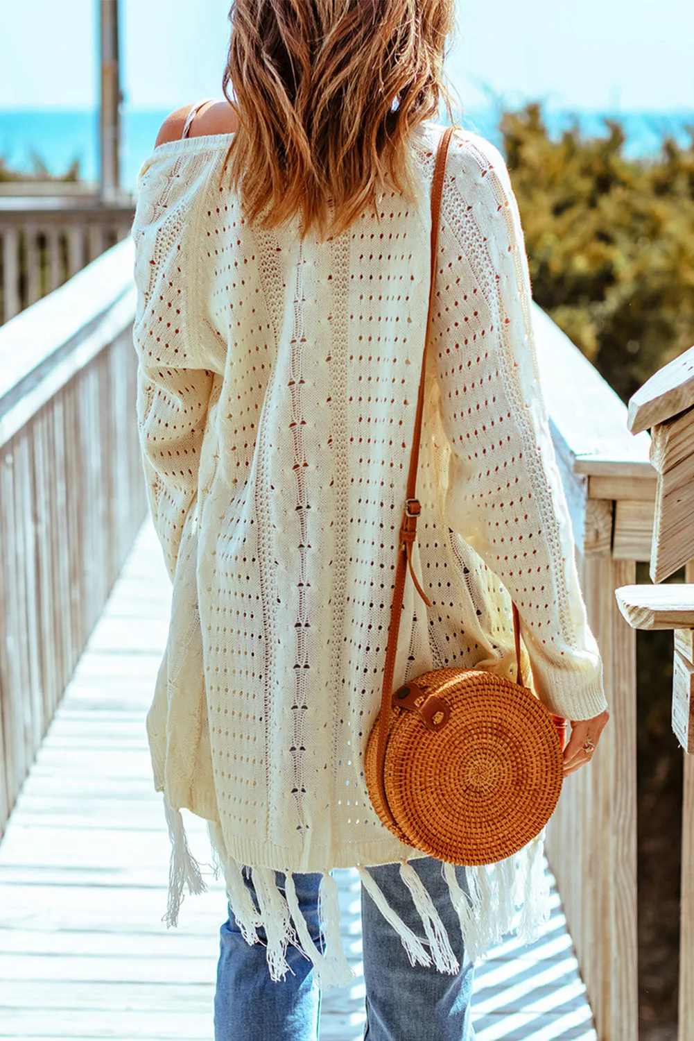 Beige Fringed Knit Cardigan with Cut Out Detail