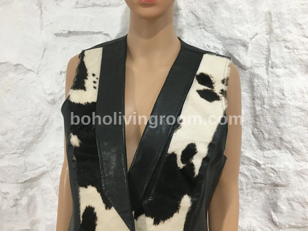 Black White Women Cowhide Fur Vest