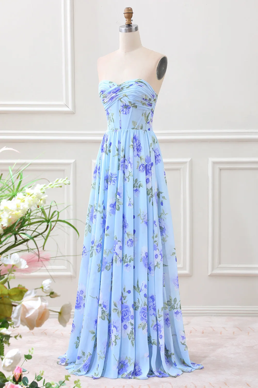 Blue Floral A Line Sweetheart Strapless Pleated Maxi Dress