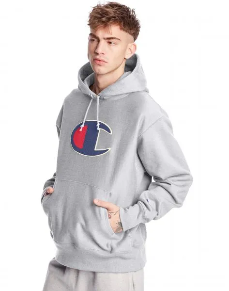 CHAMPION - Men - Reverse Weave Big Chenille Pullover Hoodie - Grey