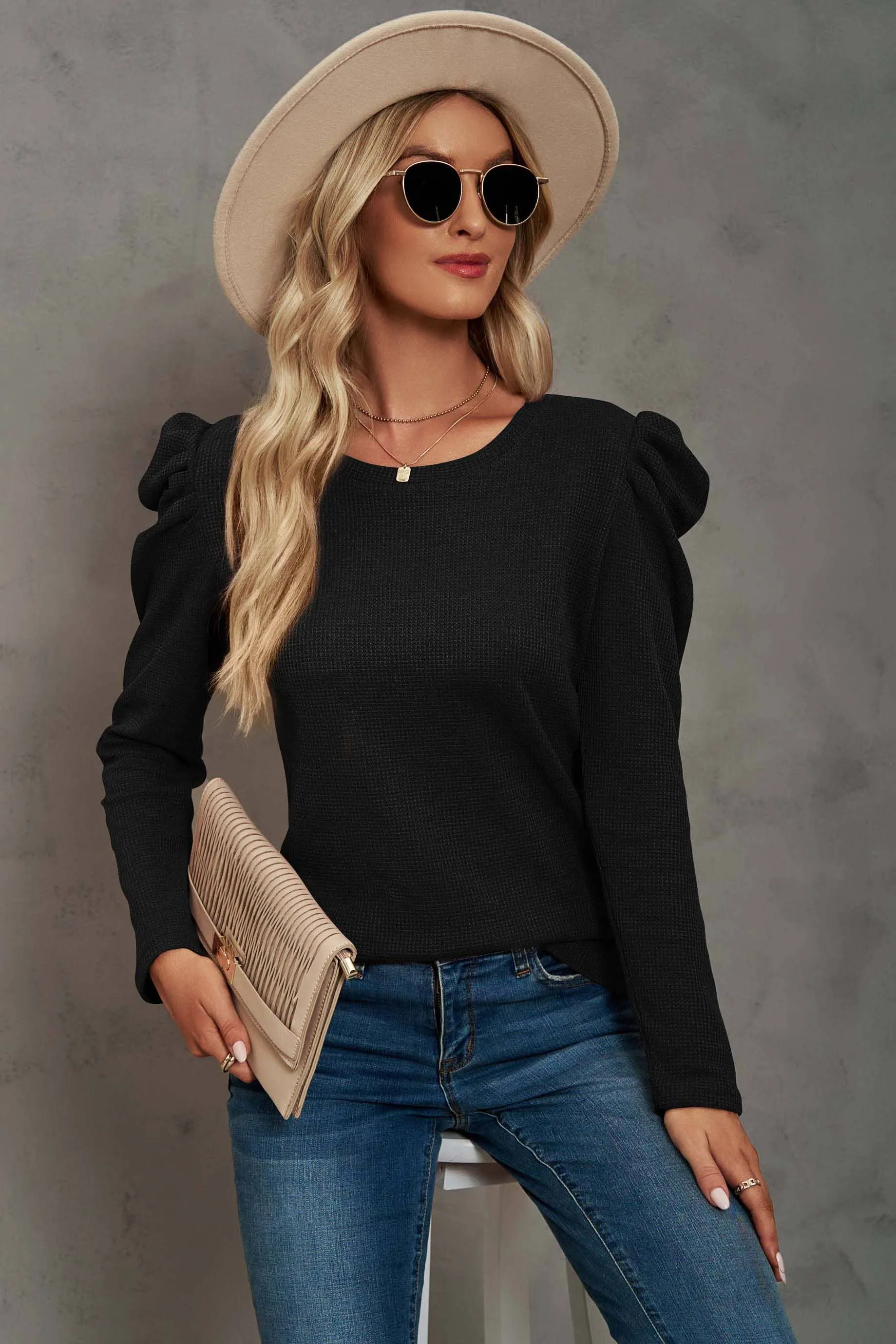 Charmo - Pleated Shoulder Sweatershirt Puff Sleeve Tops-Black