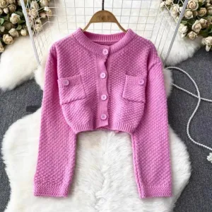 Chic, Retro, Gentle, Round Neck Double Pocket Sweater, Single Breasted Short Knit Cardigan    S4361