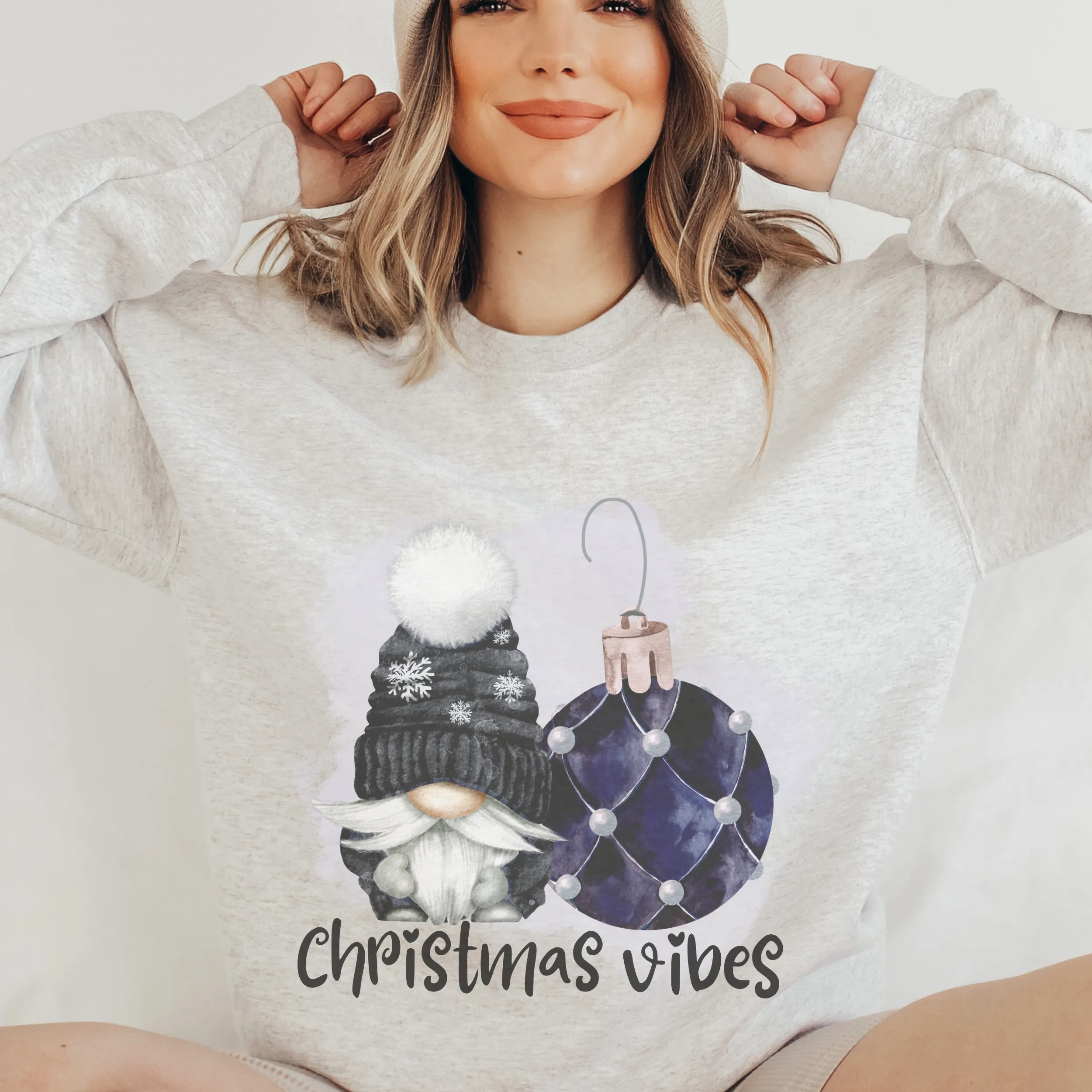 Christmas Vibes Women's Watercolor Christmas Gnome and Ornament Crewneck Sweatshirt in Ash or White Christmas Pullover