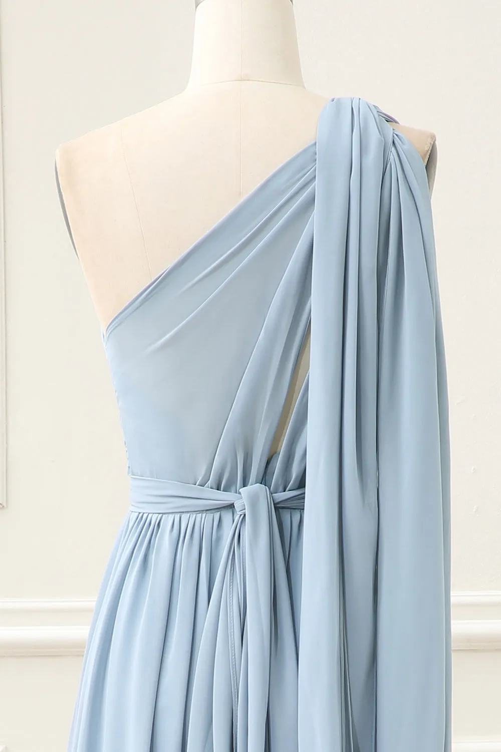 Convertible Chiffon Dusty Blue One Shoulder Maxi Dress