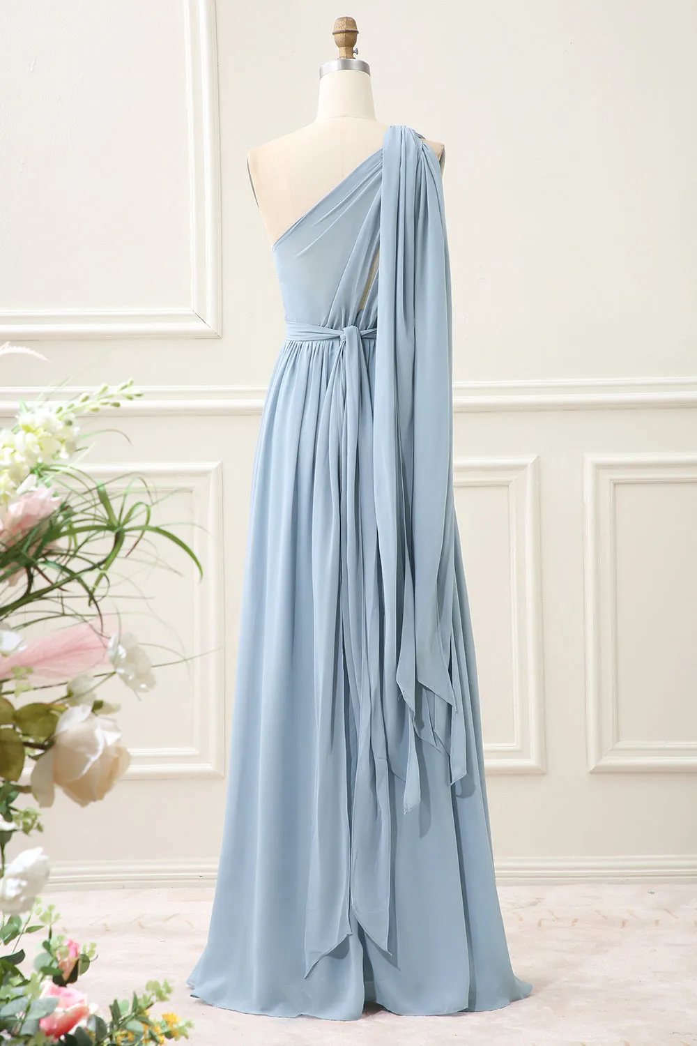 Convertible Chiffon Dusty Blue One Shoulder Maxi Dress