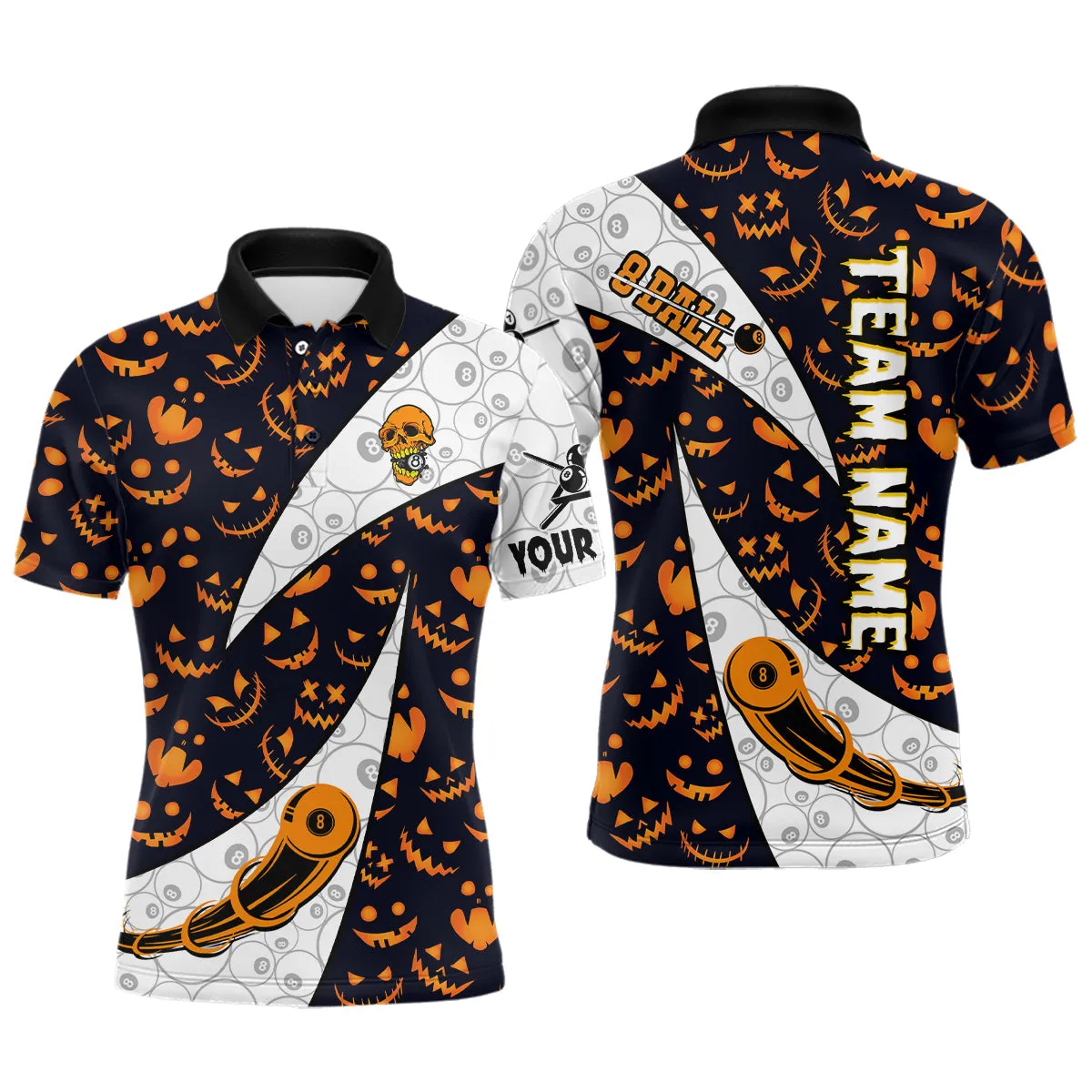 Custom Pumpkin Pattern Halloween Billiard Men's Shirts Best Halloween Polo Shirts