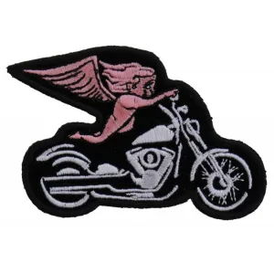 Daniel Smart Pink Biker Angel On Motorcycle Embroidered Iron On Patch, 3.75 x 2.5 inches