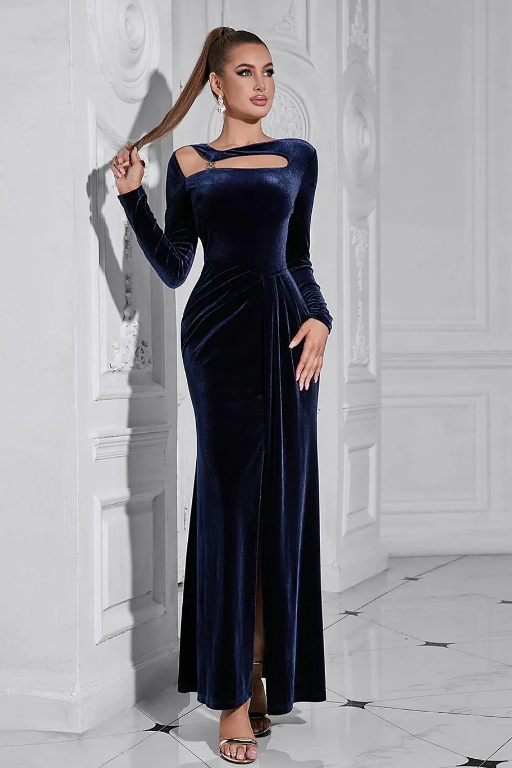 Dark Blue Long Sleeves Velvet Dress with Slit