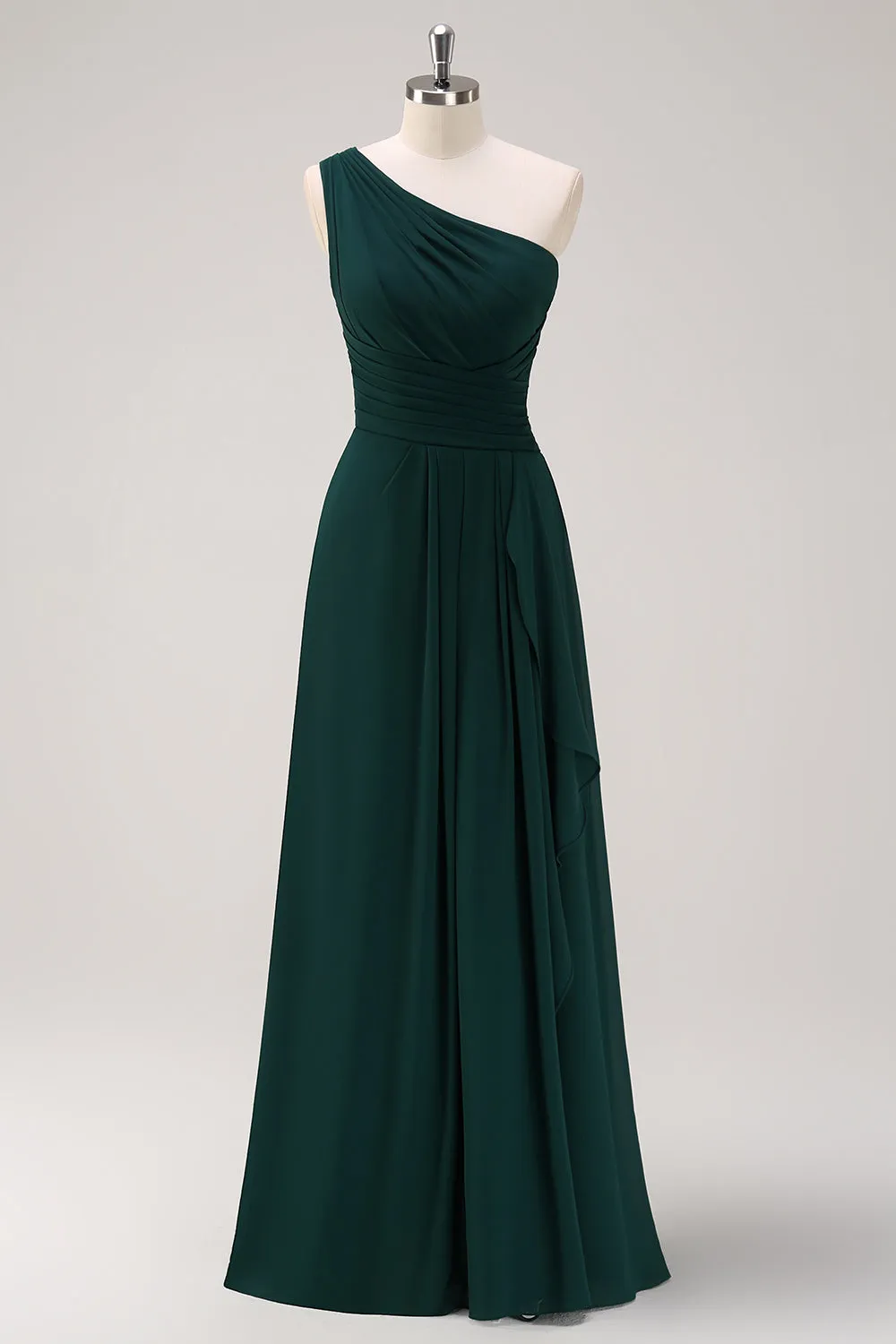 Dark Green Ruched A Line One Shoulder Maxi Dress with Slit