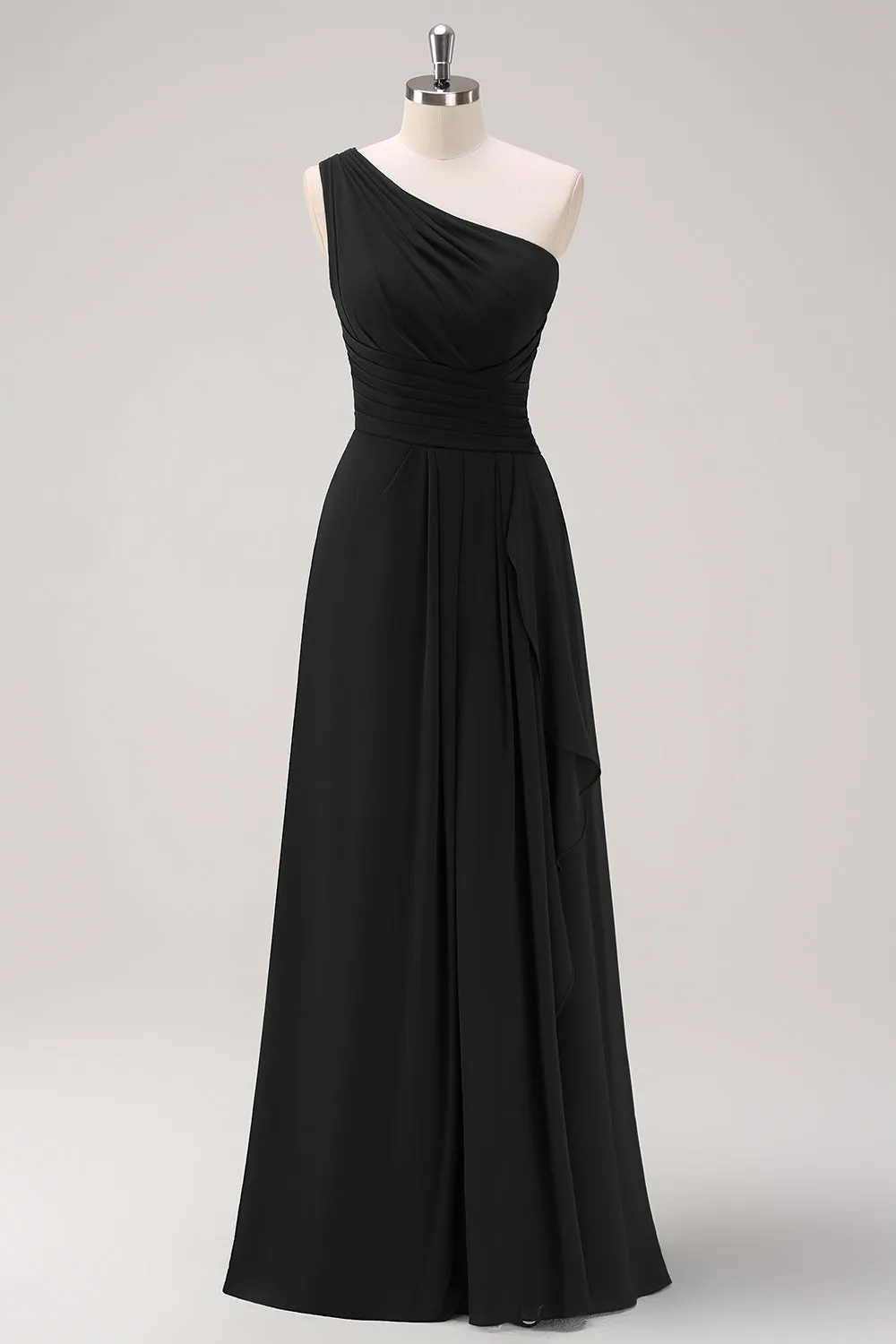 Dark Green Ruched A Line One Shoulder Maxi Dress with Slit