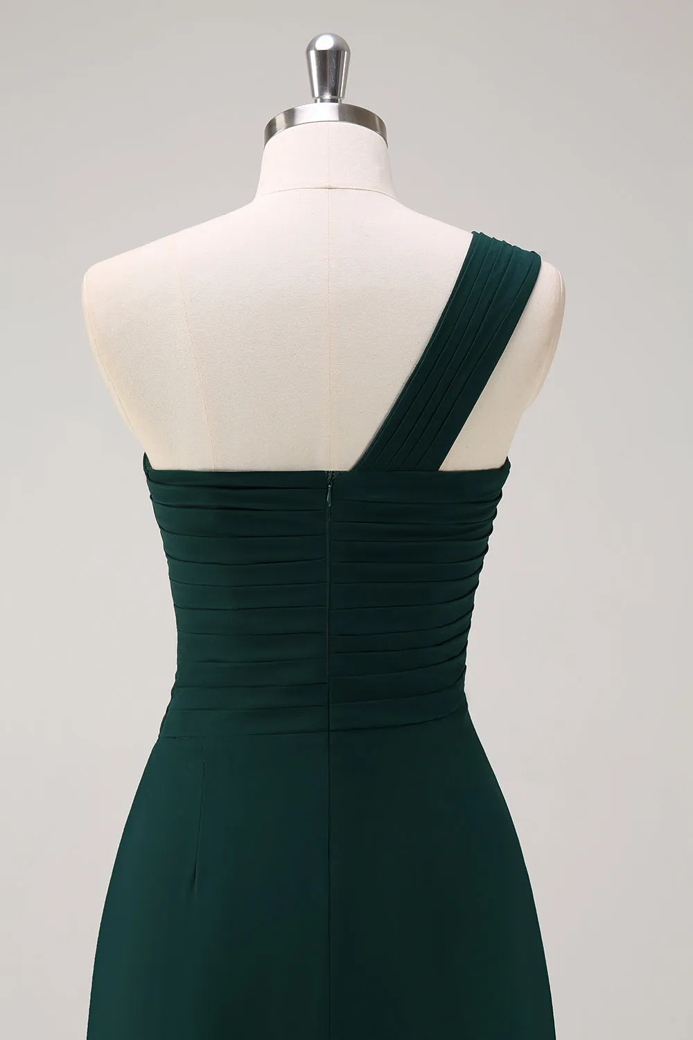 Dark Green Ruched A Line One Shoulder Maxi Dress with Slit