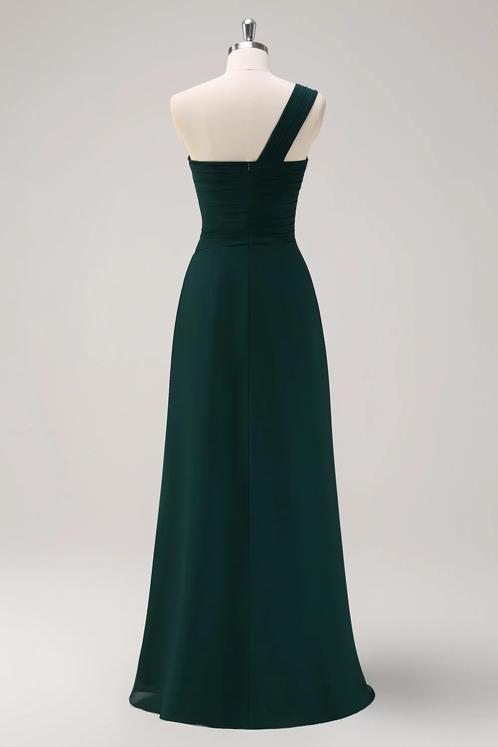 Dark Green Ruched A Line One Shoulder Maxi Dress with Slit