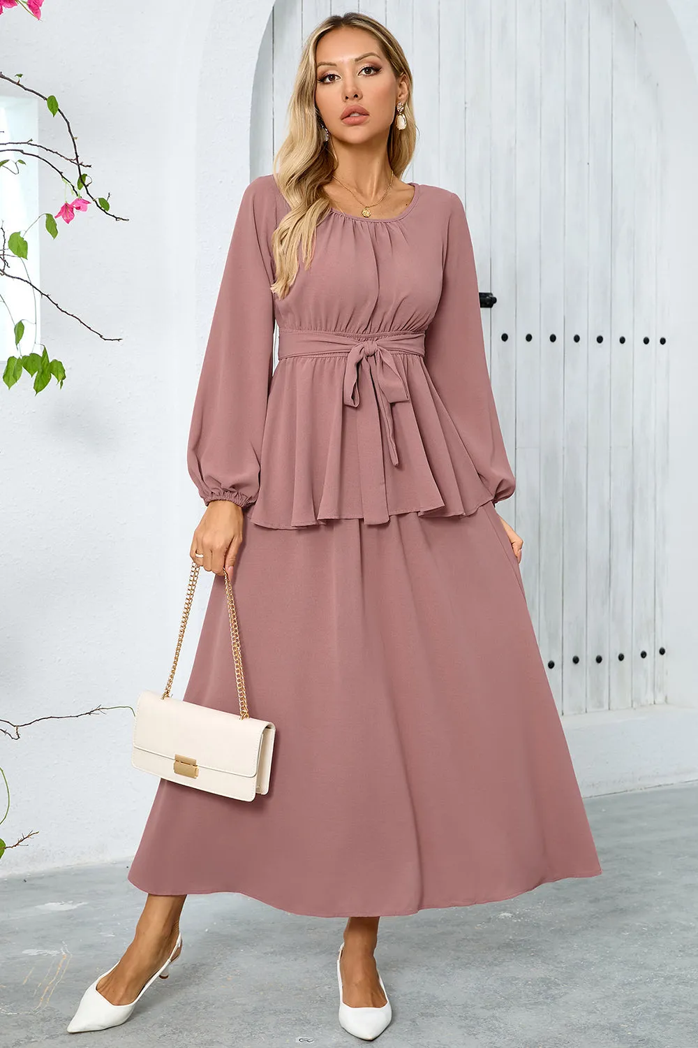 Dusty Rose A Line Tiered Chiffon Tea Length Dress with Long Sleeves