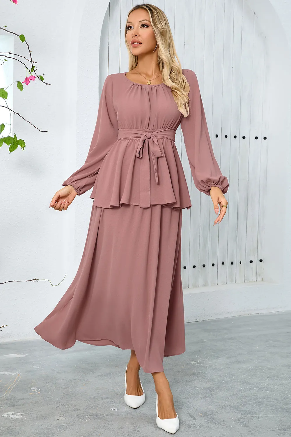 Dusty Rose A Line Tiered Chiffon Tea Length Dress with Long Sleeves