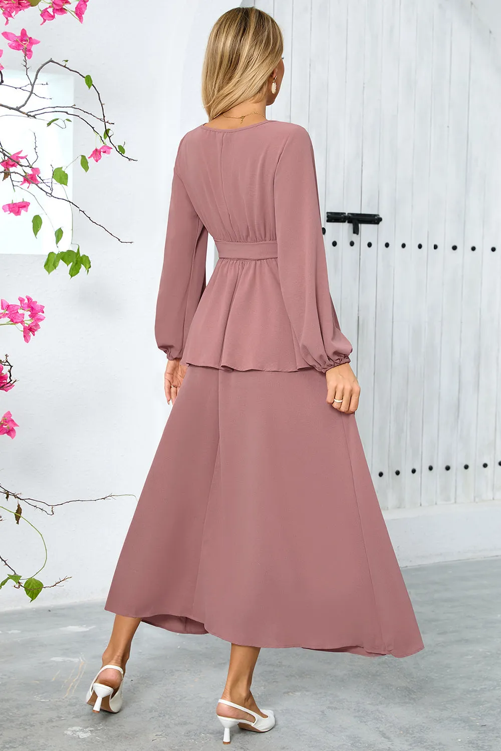 Dusty Rose A Line Tiered Chiffon Tea Length Dress with Long Sleeves