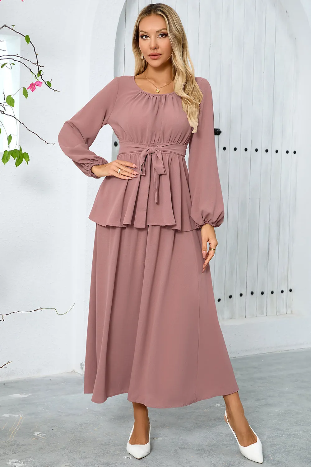 Dusty Rose A Line Tiered Chiffon Tea Length Dress with Long Sleeves