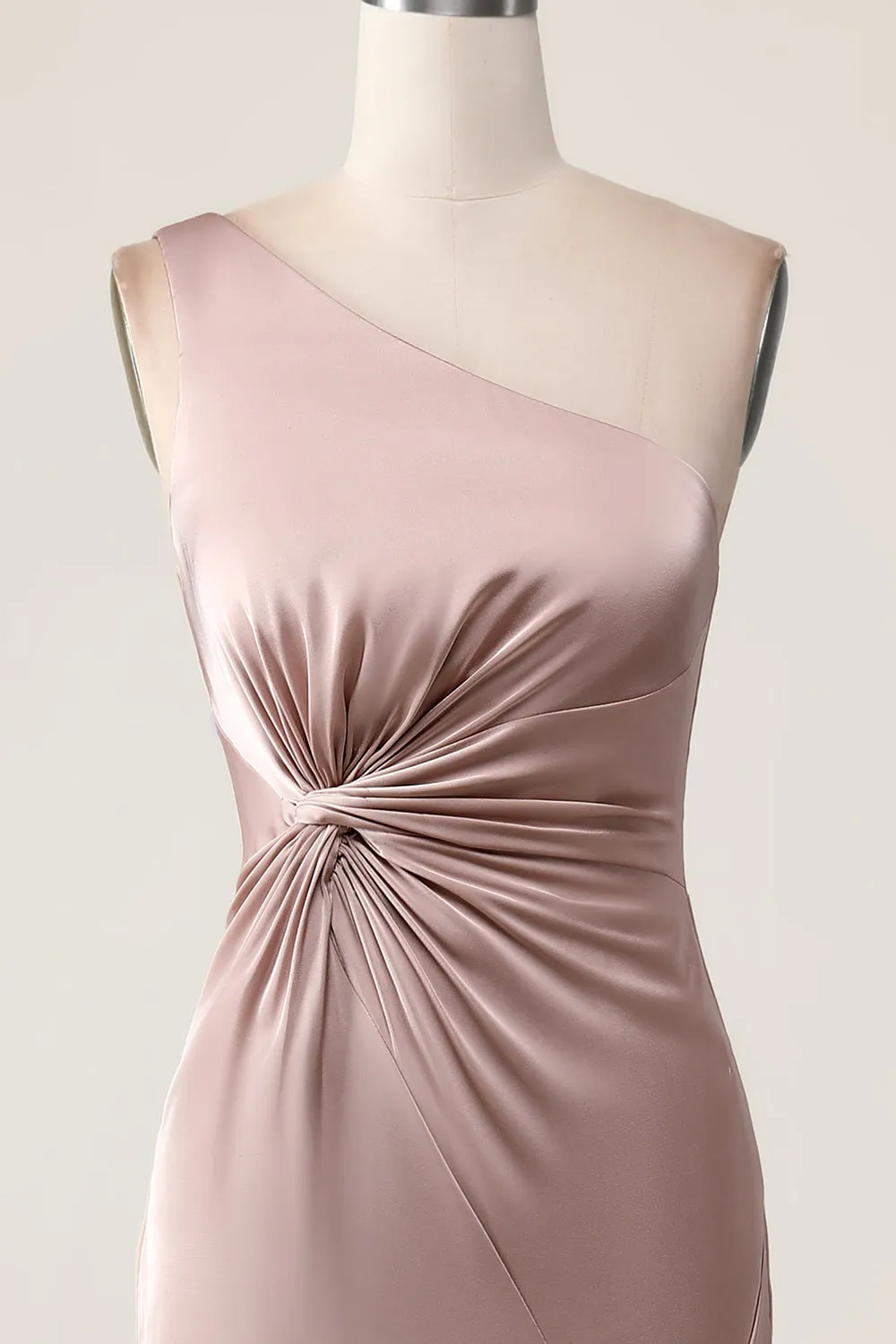 Dusty Rose Mermaid One Shoulder Pleated Satin Maxi Dress with Slit