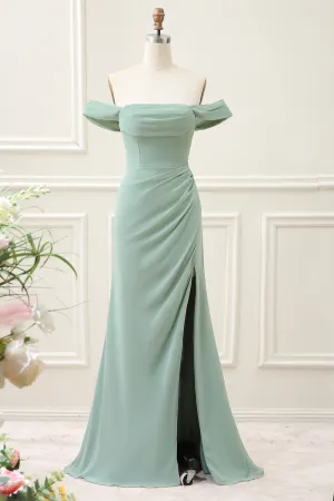 Dusty Sage Off the Shoulder Sheath Chiffon Pleated Maxi Dress with Slit