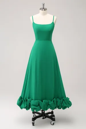 Elegant Green A Line Spaghetti Straps Tea Length Dress