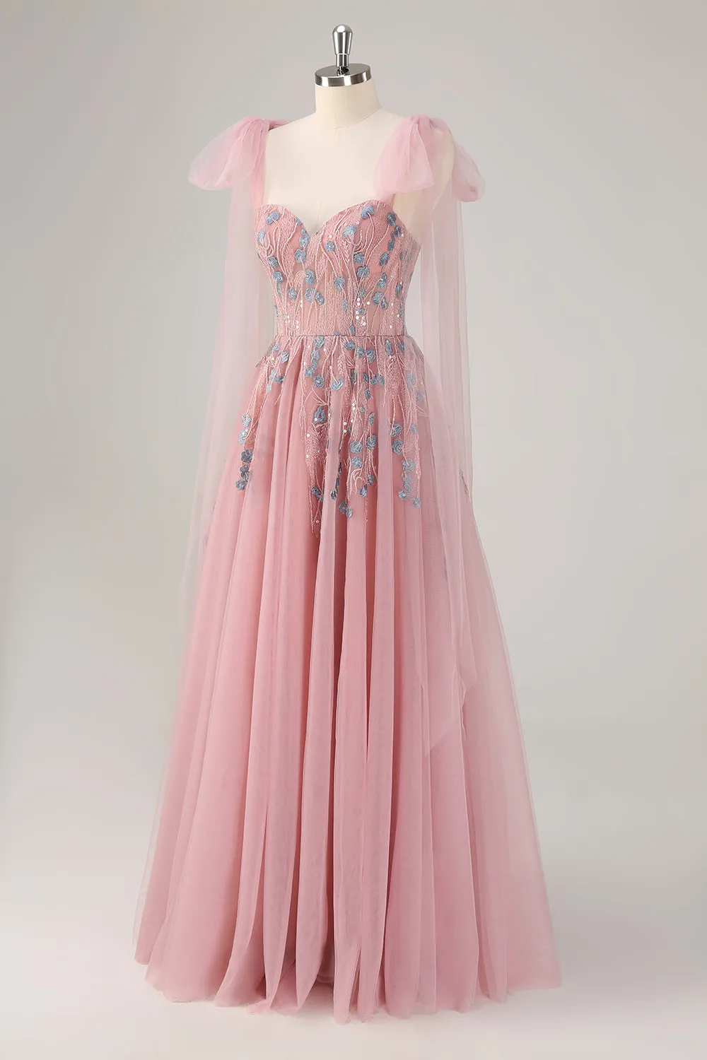 Fairy Pink Sequin Appliques A Line Tulle Maxi Dress with Lace-up Back