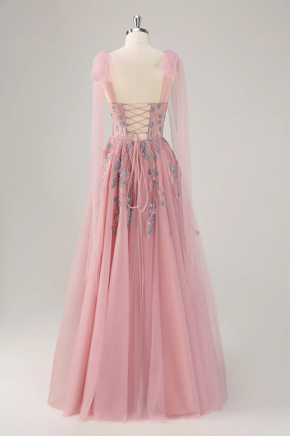 Fairy Pink Sequin Appliques A Line Tulle Maxi Dress with Lace-up Back